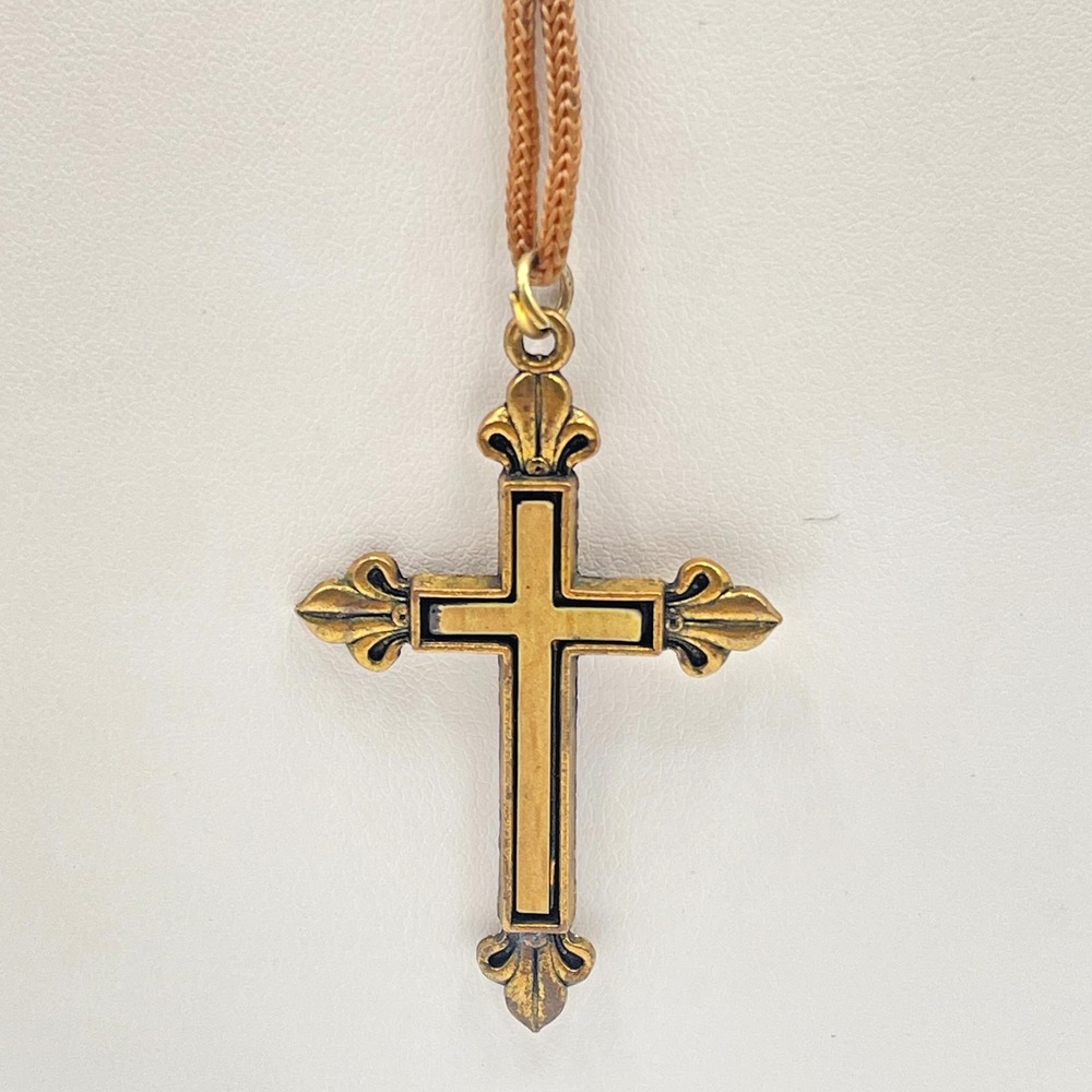 Vintage Antique Gold Tone Fleur-de-Lis Cross Pendant Tan Cord Necklace Retro